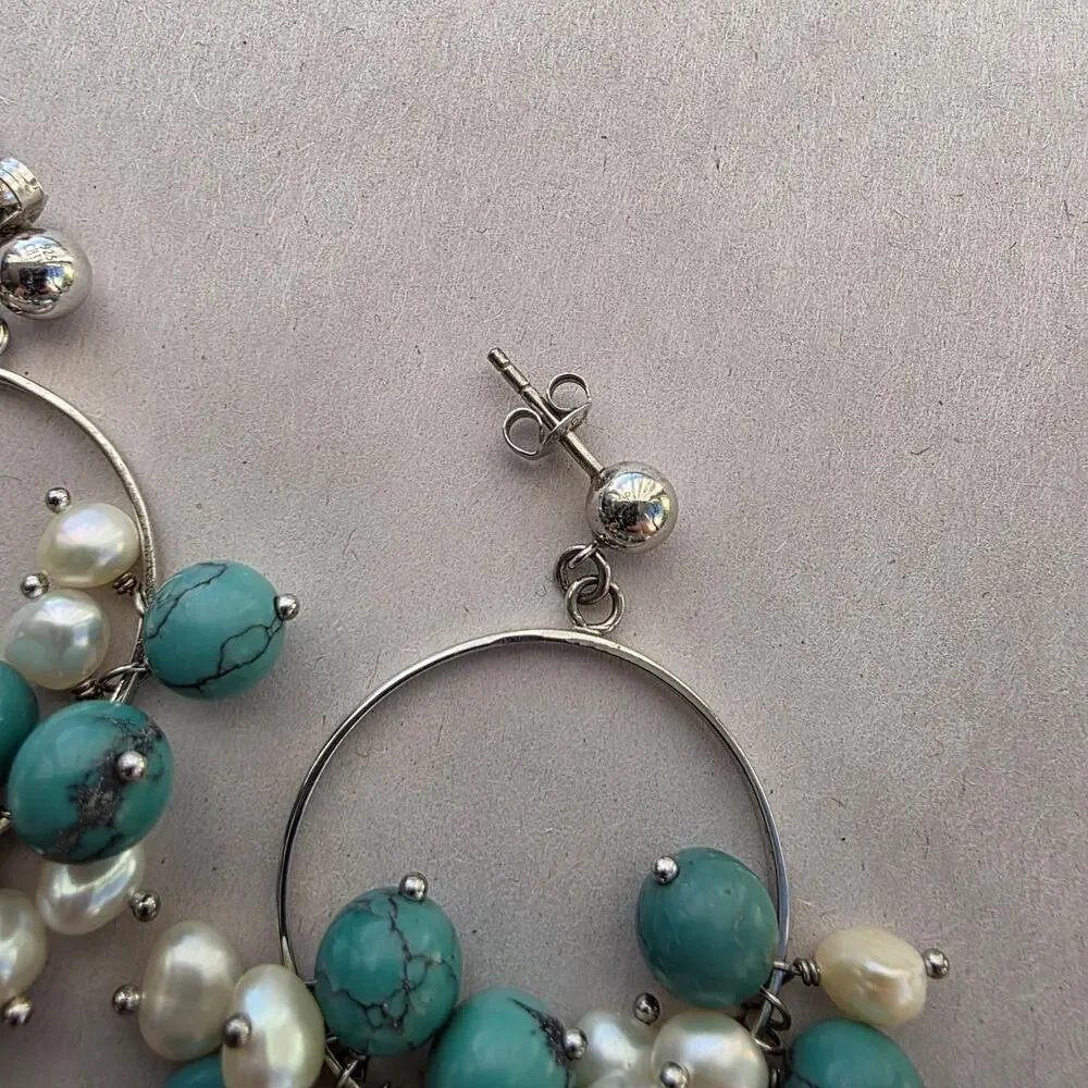 Diana Venezia Sterling Silver 925 Earrings Turquoise Boho Beaded Dangle‎ Cluster